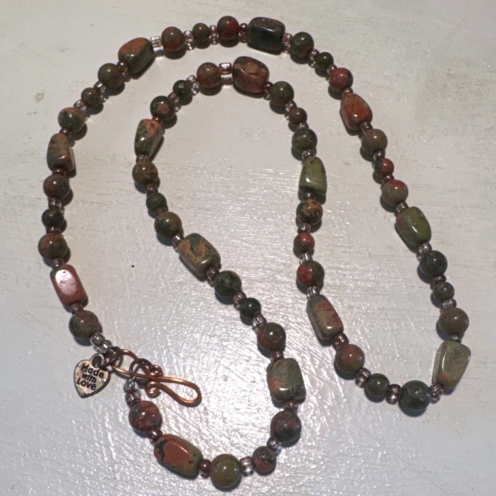 Handmade Unakite Gemstone Necklace Women 24" Green Pink Beaded Boho